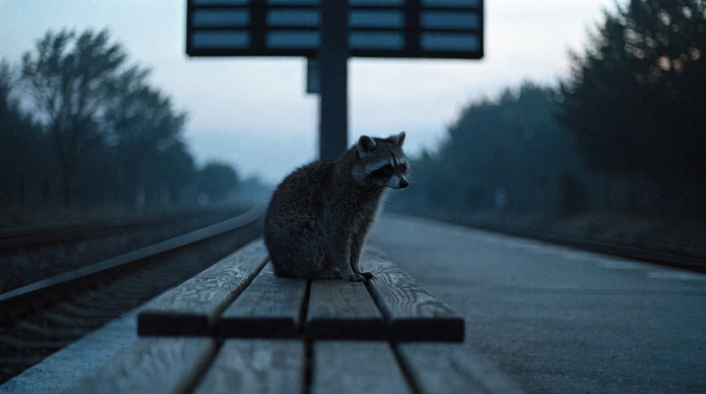 Aktivrente Fahrtkosten Satire: Waschbär sitzt vor Tagesanbruch auf einer Bank an Gleis 4 unter einer Anzeigetafel ohne Eintrag