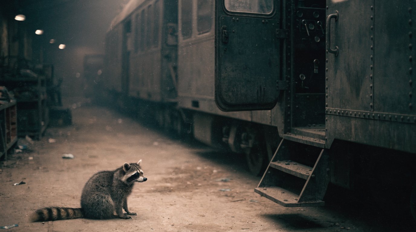 Anerkennung Fachkräfte Satire: Waschbär sitzt in einer Werkstatthalle neben einem abgestellten Triebwagen mit offener Führerstandstür