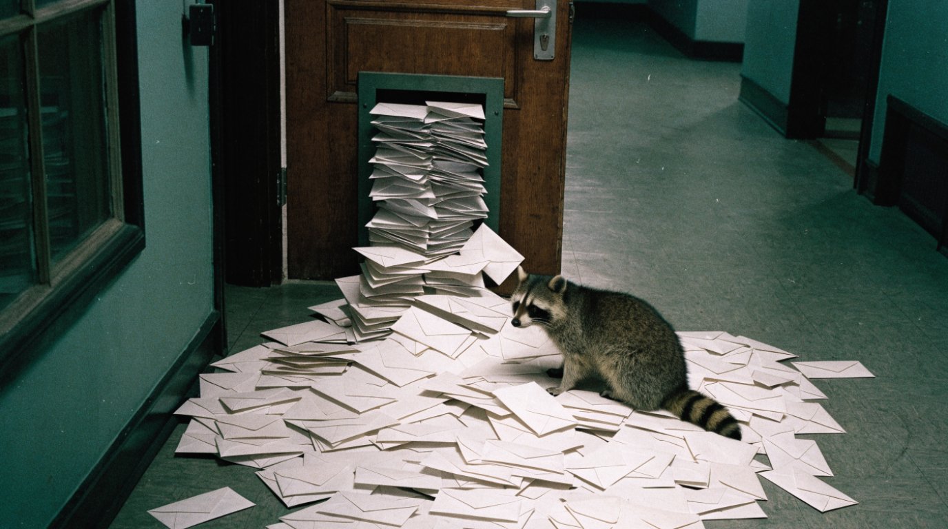 Anfragebearbeitung Vorgangsnummer Satire: Waschbär sitzt in einem Haufen ungeöffneter Briefe unter einem überquellenden Briefschlitz