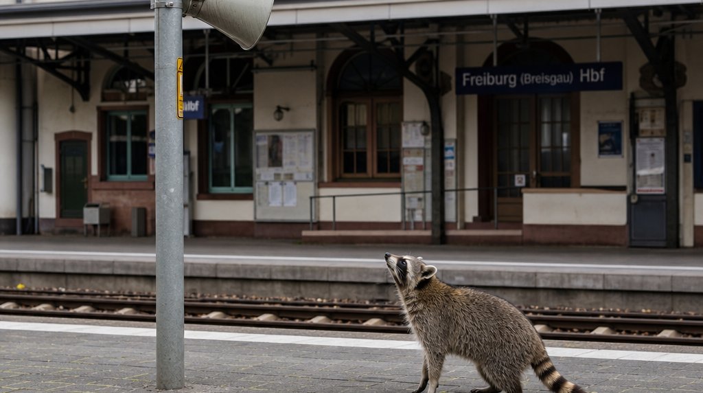 Ansage-Poesie Satire: Waschbär blickt auf einem Bahnsteig zu einem Lautsprecher an einem Mast hinauf