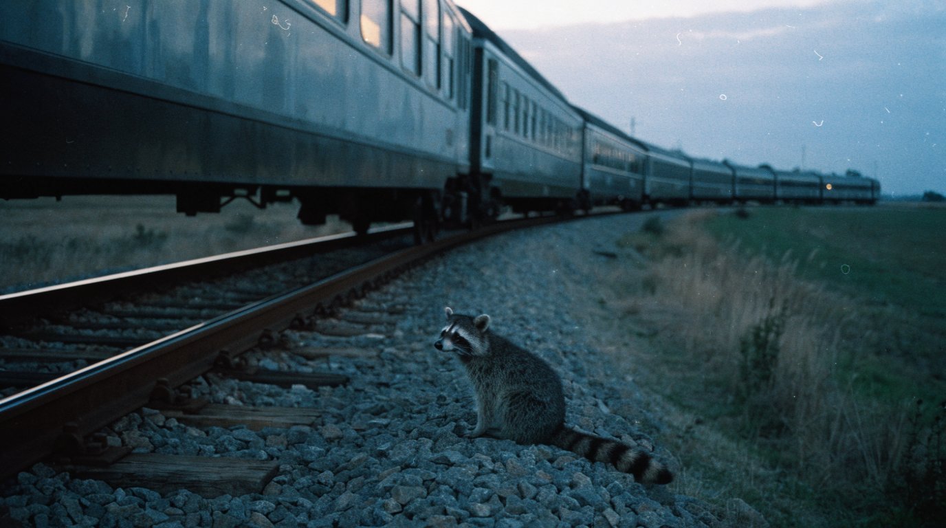 Durchsagen Transkript Satire: Waschbär sitzt in der Dämmerung auf einem Schotterbett neben einem stehenden Zug auf freier Strecke