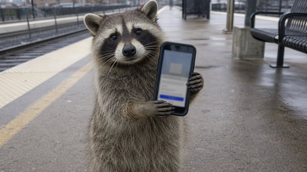 App-Abo Satire: Waschbär auf dem Bahnsteig hält ein Smartphone mit einer Abo-Bezahlseite