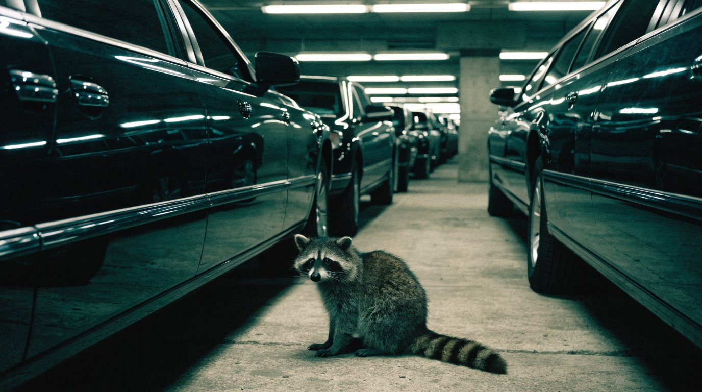 Aufsichtsrat Anreise Satire: Waschbär sitzt auf einem Parkdeck zwischen dunklen Limousinen