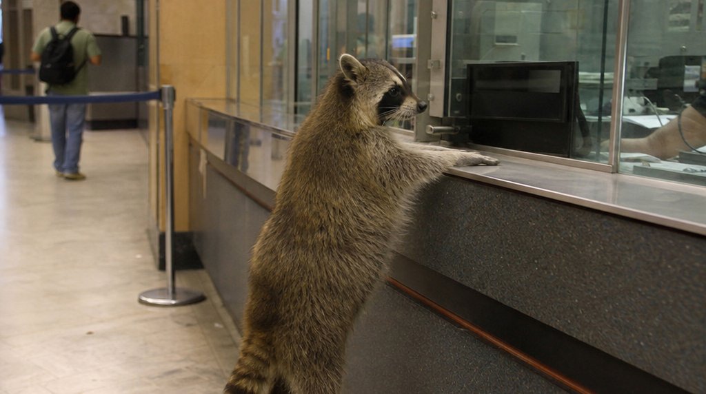 BahnBank Satire: Waschbär steht an einem Glas-Bankschalter in einer Bahnhofshalle