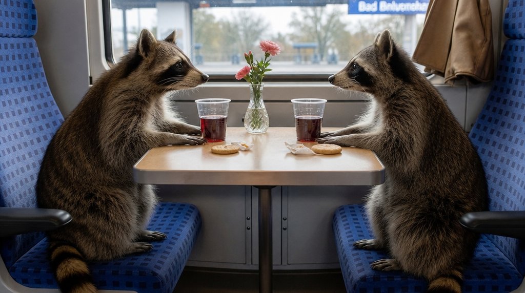 Bahn-Dating Satire: zwei Waschbären sitzen sich in einem Zugabteil an einem Tisch gegenüber wie bei einem Date