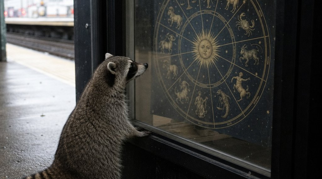 Bahn-Horoskop Satire: Waschbär auf dem Bahnsteig betrachtet ein Plakat mit einem Tierkreis-Horoskop