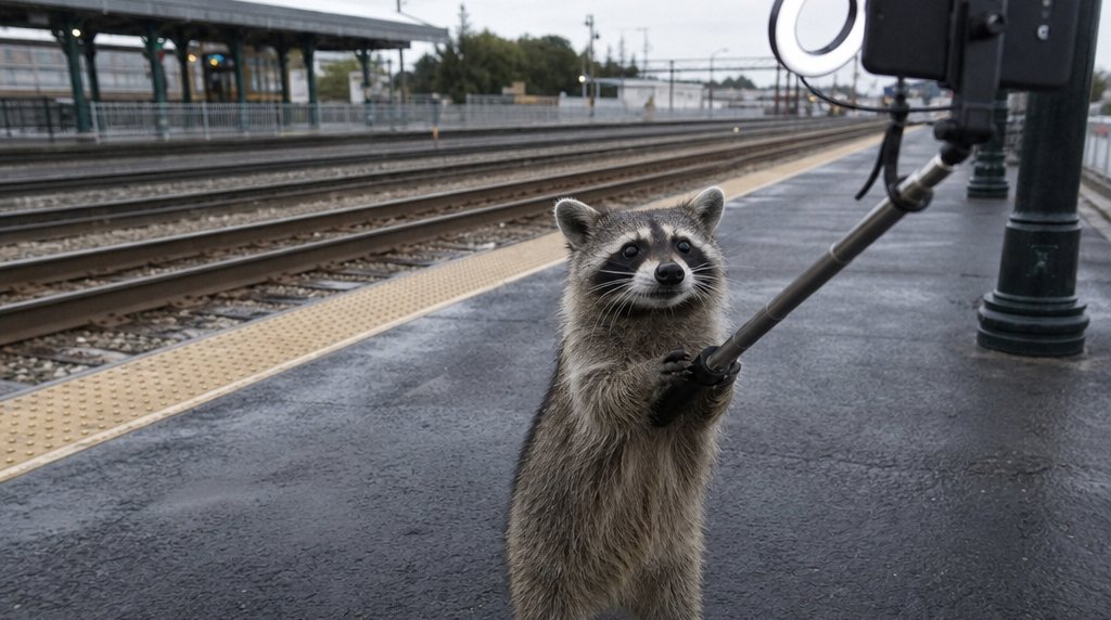 Influencer Satire: Waschbär auf dem Bahnsteig filmt sich mit Smartphone am Selfie-Stick und Ringlicht
