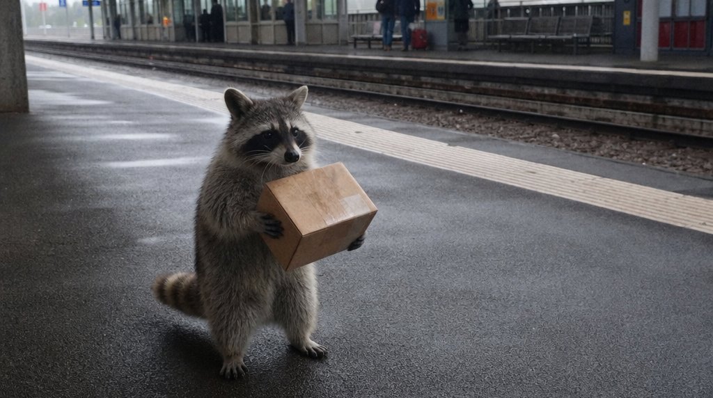 Lieferdienst Satire: Waschbär hält ein Paket auf einem Bahnsteig