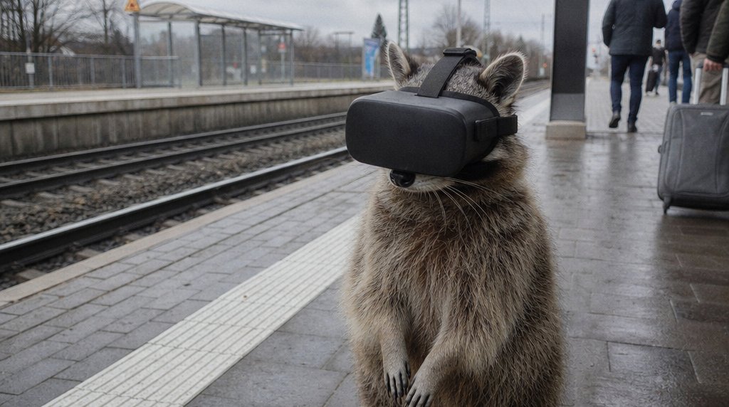 Metaverse Satire: Waschbär mit klobiger VR-Brille steht auf einem Bahnsteig