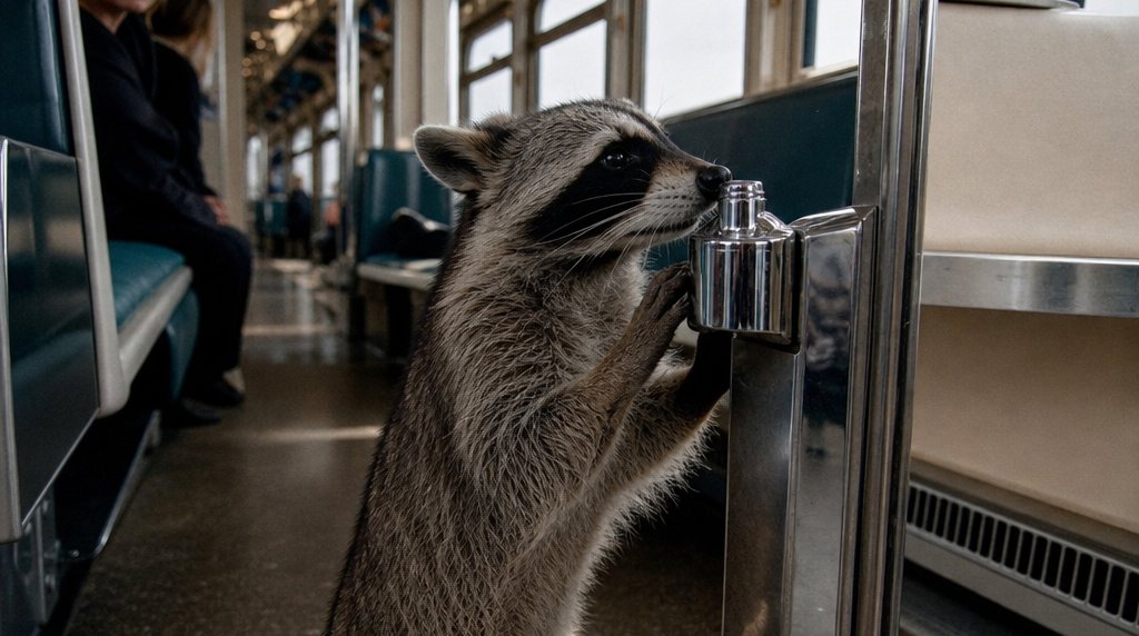 Parfum Satire: Waschbär im Zugwagen beschnuppert einen Chrom-Duftspender im Gang