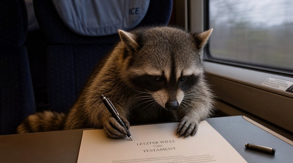 Bahn-Testament Satire: Waschbär sitzt an einem Zugtisch und füllt mit einem Stift ein Formular aus