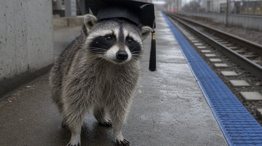 Bahn-Uni Satire: Waschbär mit Doktorhut steht auf einem Bahnsteig