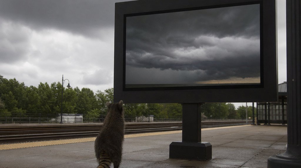 Wetterdienst Satire: Waschbär auf dem Bahnsteig blickt hoch zu einer Anzeigetafel mit dunklen Gewitterwolken