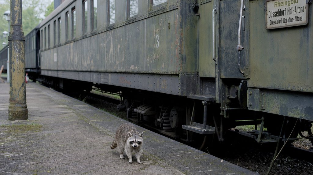 Bahn-Zeitkapsel Satire: Waschbär steht neben einem sehr alten, staubigen Bahnwaggon am Bahnsteig