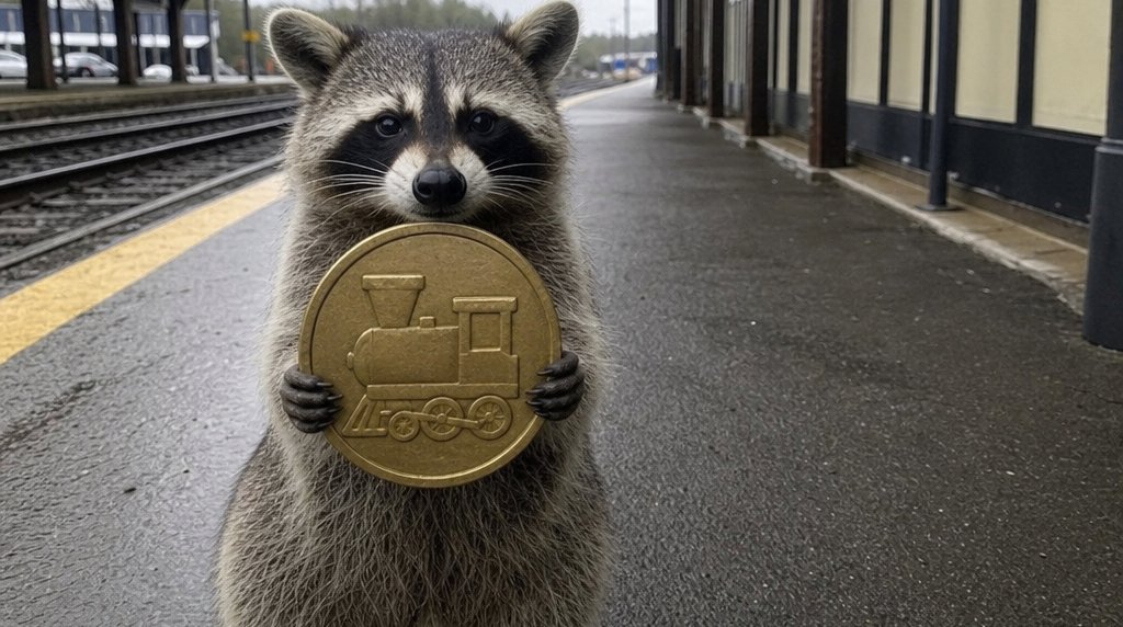 BahnCoin Satire: Waschbär hält eine große goldene Münze mit Zug-Symbol auf einem Bahnsteig