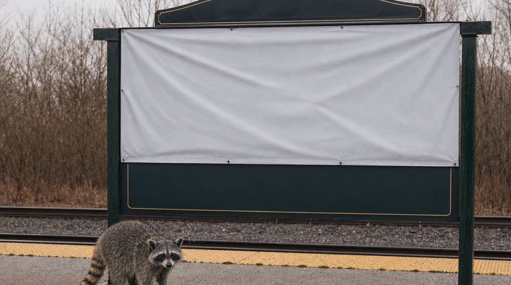 Namensrecht Satire: Waschbär neben einem großen Bahnhofsschild, das teils von einem leeren Werbebanner verdeckt ist