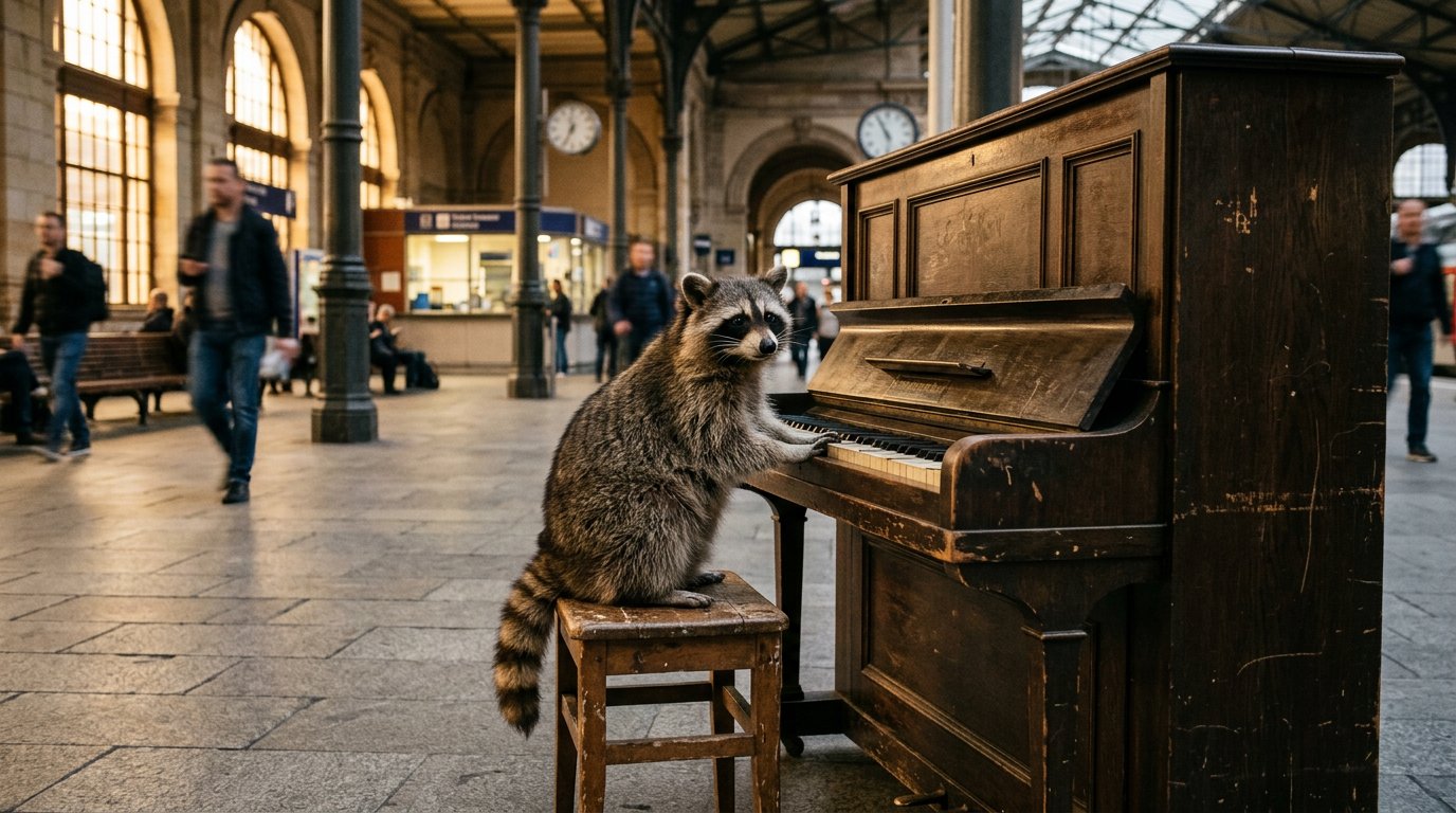 Bahnhofsklavier Satire: Waschbär sitzt auf einem Hocker vor einem alten Klavier in einer Bahnhofshalle