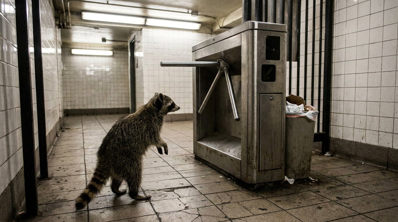 Bahnhofstoilette Satire: Waschbär steht vor einem Drehkreuz in einem gefliesten Bahnhofsuntergeschoss
