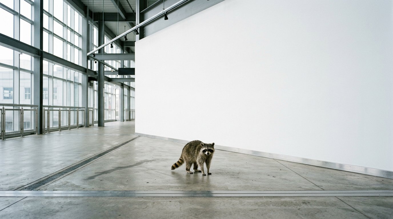 Bahnhofsumbau Satire: Waschbär steht in einer hellen modernen Bahnhofshalle vor einer leeren Wand
