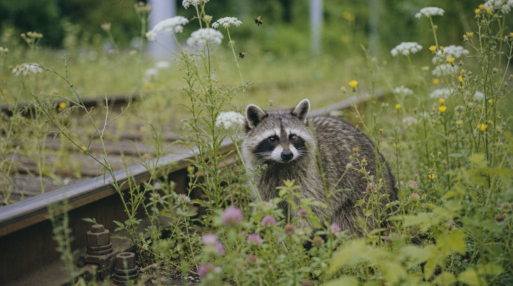 Gleisbegrünung Satire: Waschbär steht zwischen Wildblumen, die auf den Bahngleisen wachsen