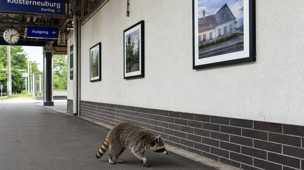 Bahnsteig-Galerie Satire: Waschbär geht an gerahmten Bildern entlang, die an einer Bahnsteigwand hängen