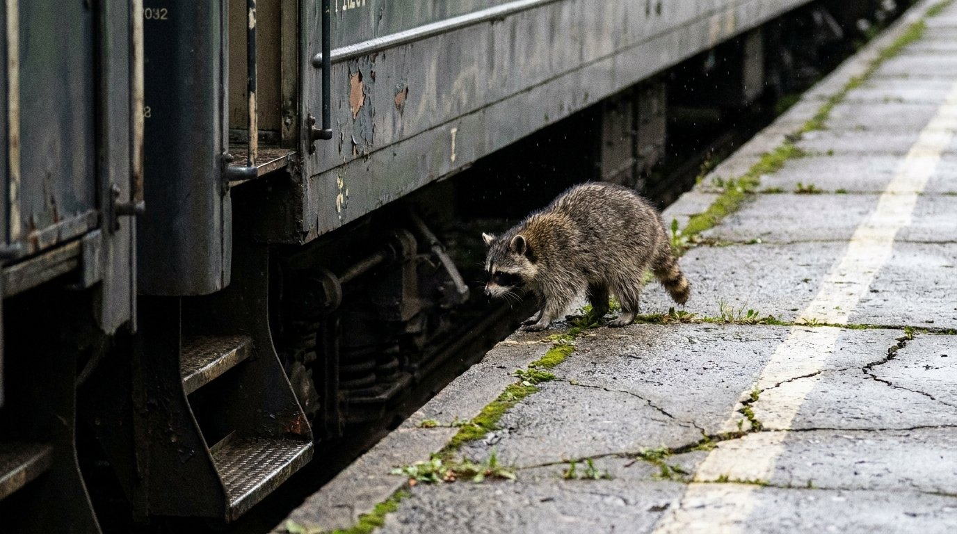 Bahnsteigkante Satire: Waschbär steht an der Kante eines alten Bahnsteigs und blickt auf die Lücke zum Zug