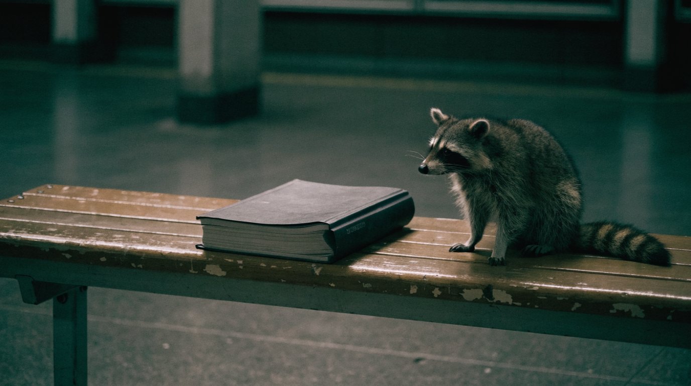 Barrierebericht Satire: Waschbär sitzt neben einem sehr dicken gedruckten Bericht auf einer Bahnhofsbank
