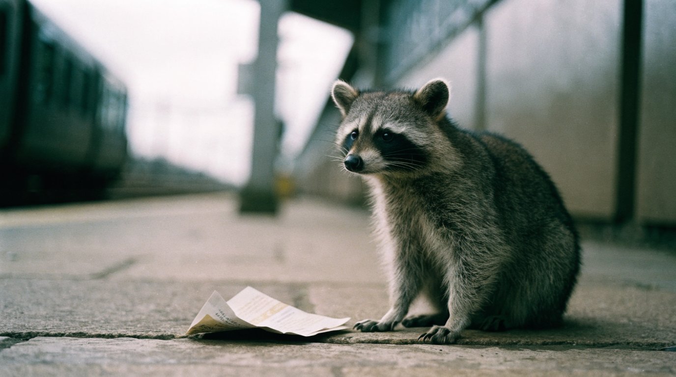 Beipackzettel Deutschlandticket Satire: Waschbär sitzt auf einem Bahnsteig neben einem zerknüllten Faltblatt