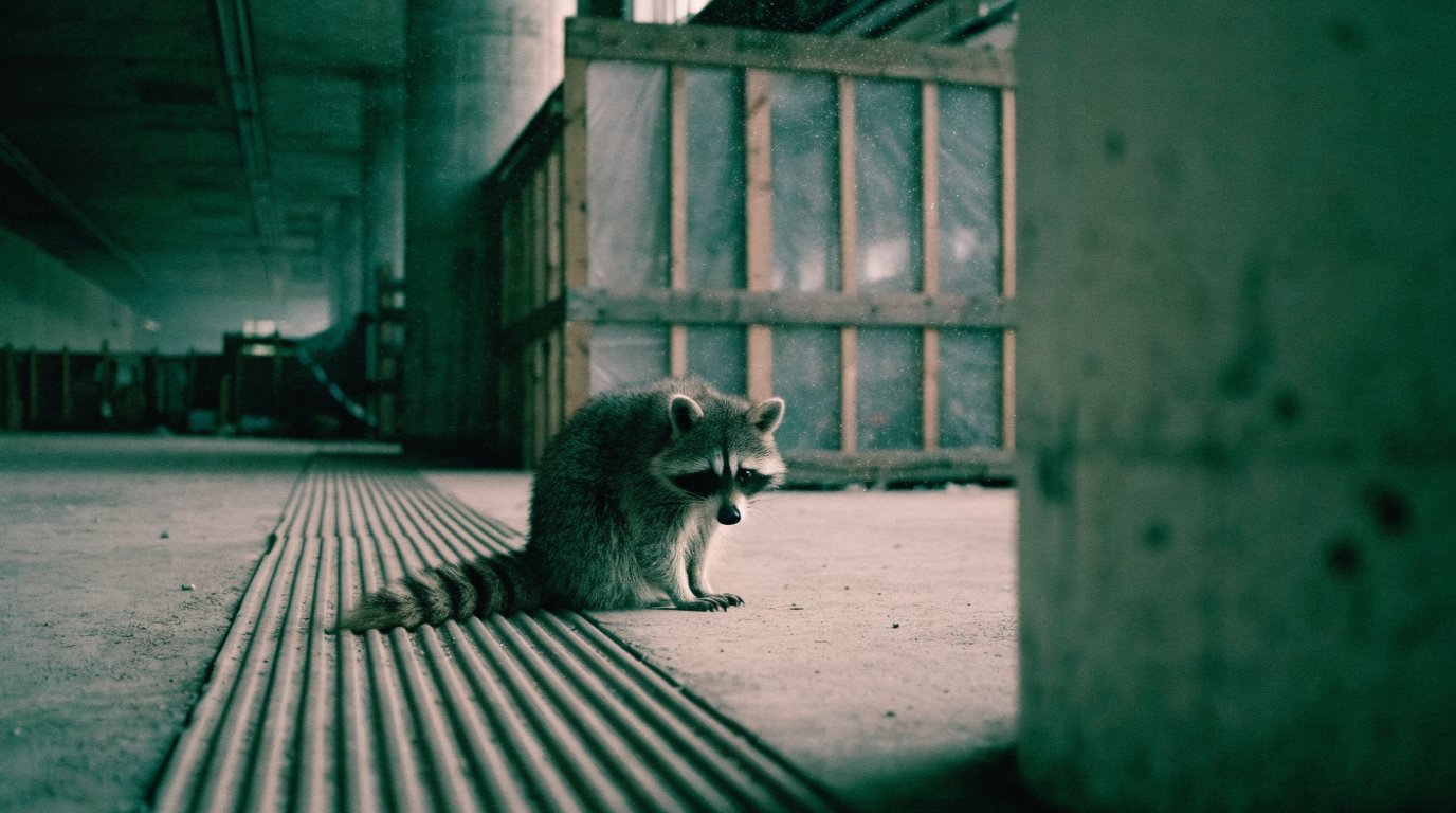 Beschwerdequote Barrierefreiheit Satire: Waschbär sitzt am Ende eines taktilen Leitstreifens vor einem Bauzaun