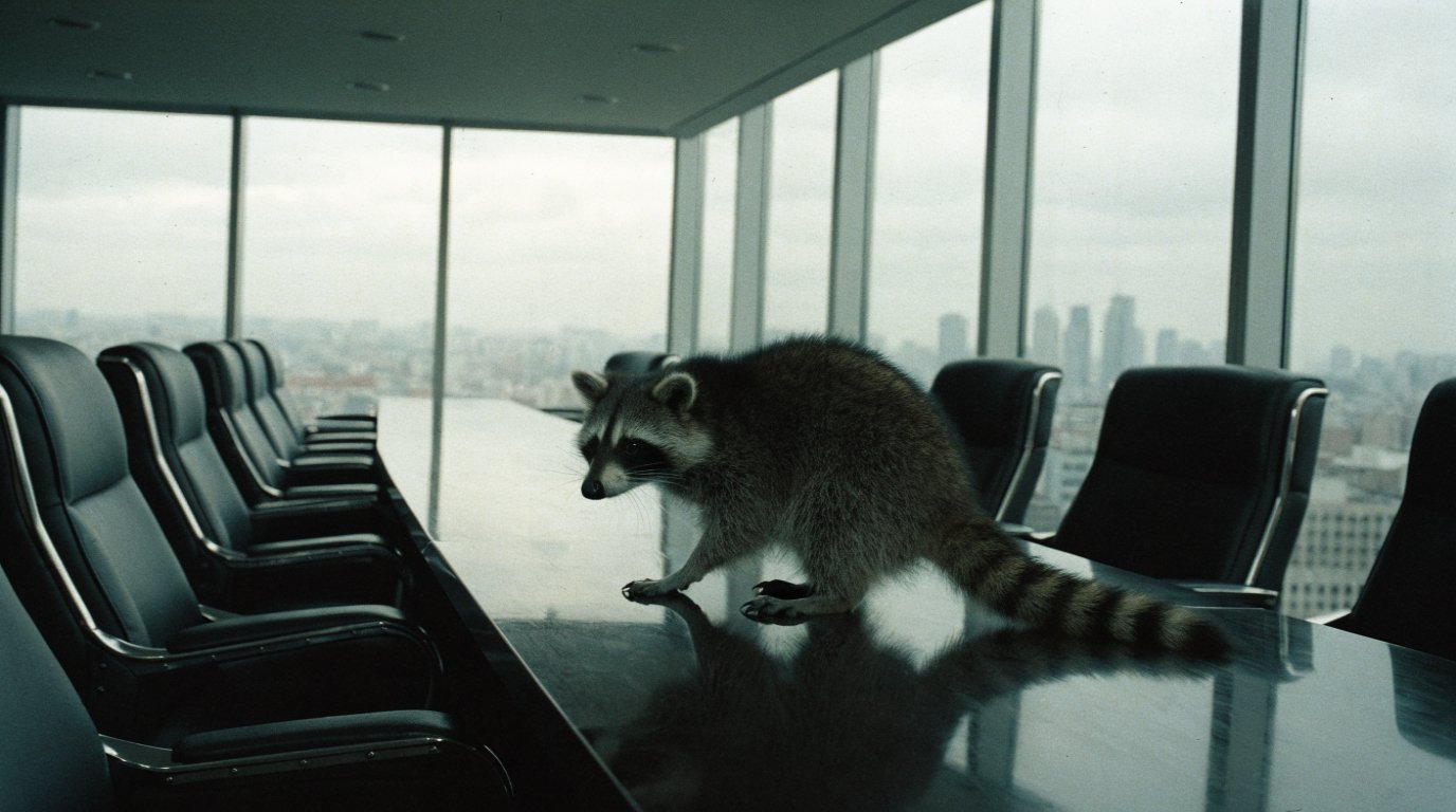 Vorstandsbonus Satire: Waschbär sitzt auf einem leeren Konferenztisch vor einer Fensterfront über der Stadt