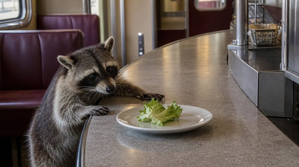 Bordbistro-Diät Satire: Waschbär an einem leeren Bistrotresen mit einem einzelnen Salatblatt auf einem Teller
