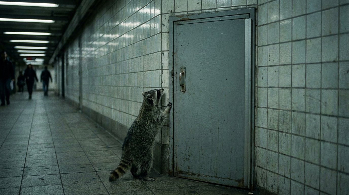 Bundespolizei Satire: Waschbär steht vor einer unscheinbaren Tür in einem Bahnhofsgang