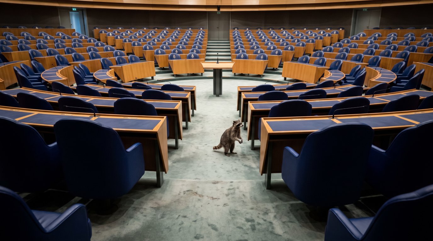 Bundestag Satire: Waschbär steht in einem leeren Plenarsaal zwischen Sitzreihen