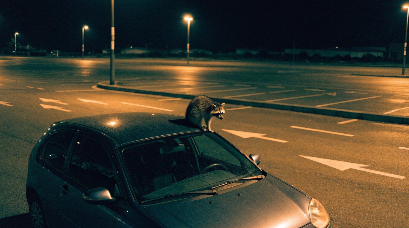 Bußgeldbescheid Park and Ride Satire: Waschbär sitzt nachts auf der Motorhaube eines einzelnen Autos auf einem leeren Parkplatz