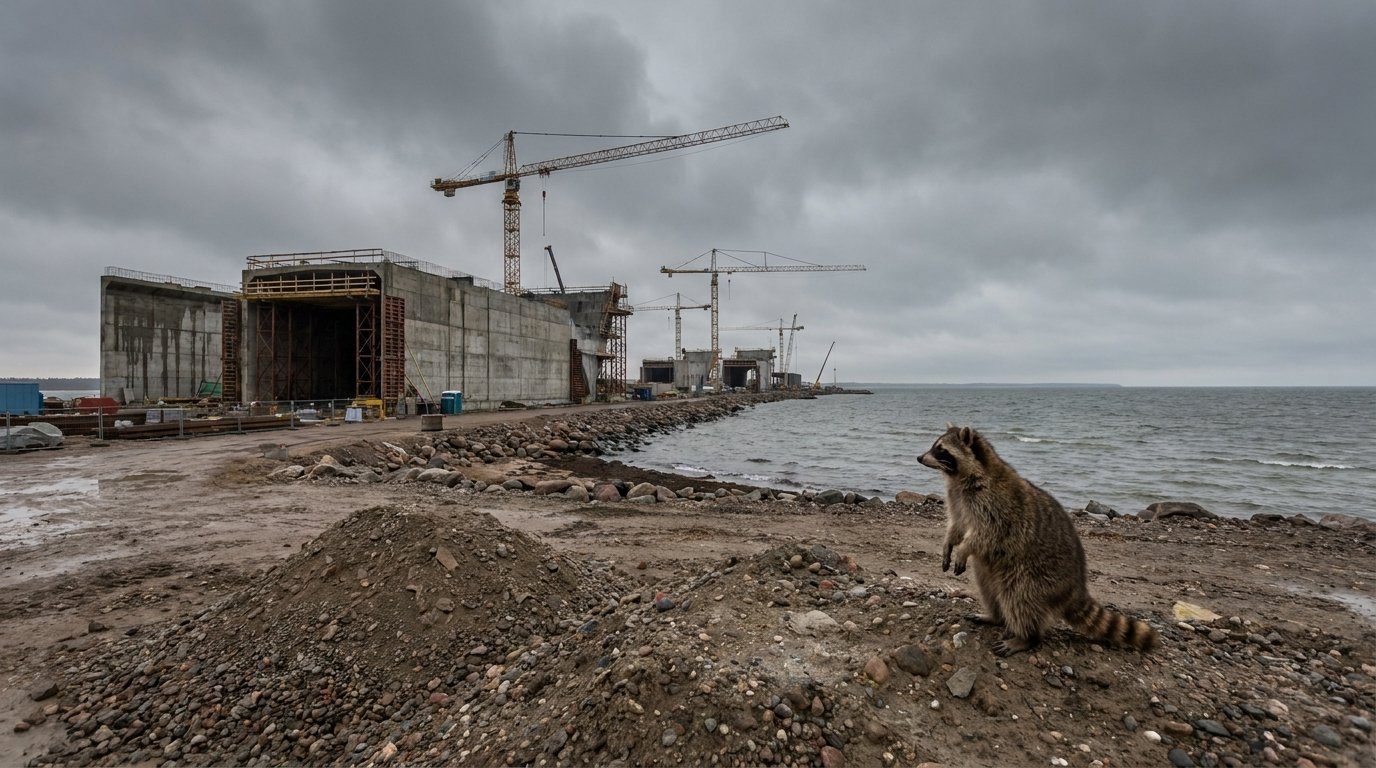 Ostseetunnel Satire: Waschbär steht an einer Küste vor einer großen Tunnelbaustelle