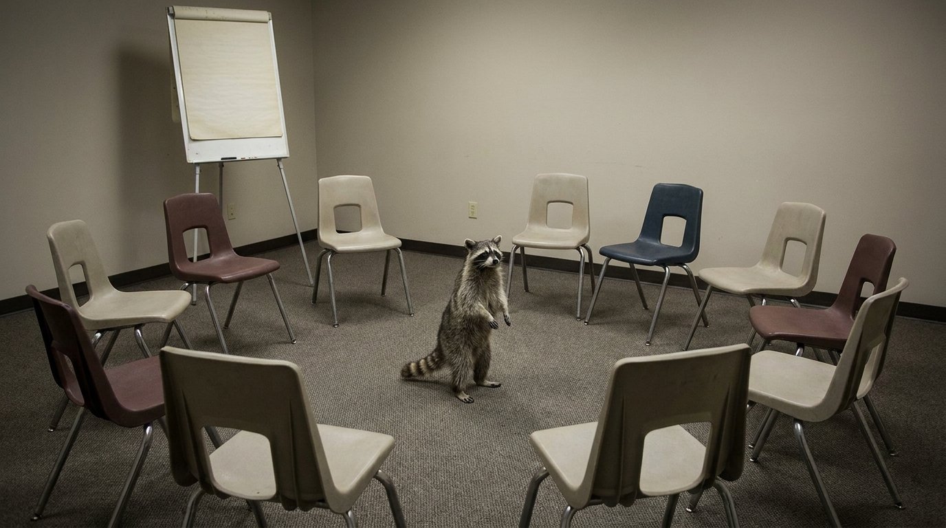 Deeskalationstraining Satire: Waschbär steht in einem Schulungsraum vor einem Stuhlkreis