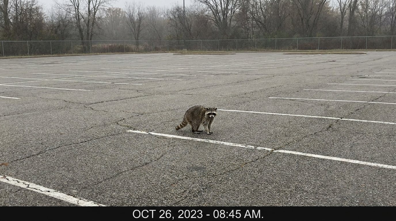 E-Auto Förderung Satire: Waschbär steht auf einem leeren Parkplatz neben einem eingezeichneten Stellplatz ohne Ladesäule