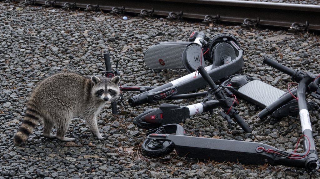 E-Scooter Satire: Waschbär steht neben mehreren E-Scootern, die im Gleisbett liegen