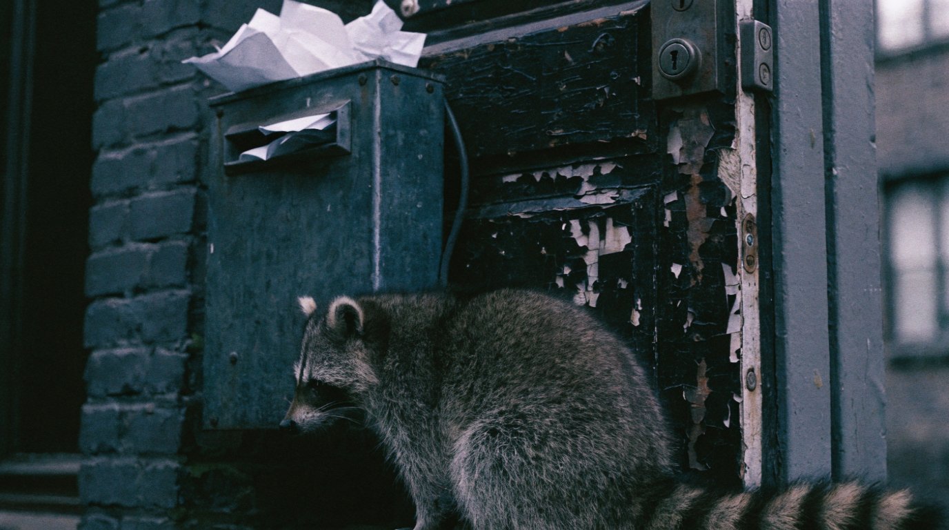 Schriftwechsel Eingangsbestätigung Satire: Waschbär sitzt vor einem überquellenden Briefkasten an einer verschlossenen Amtstür