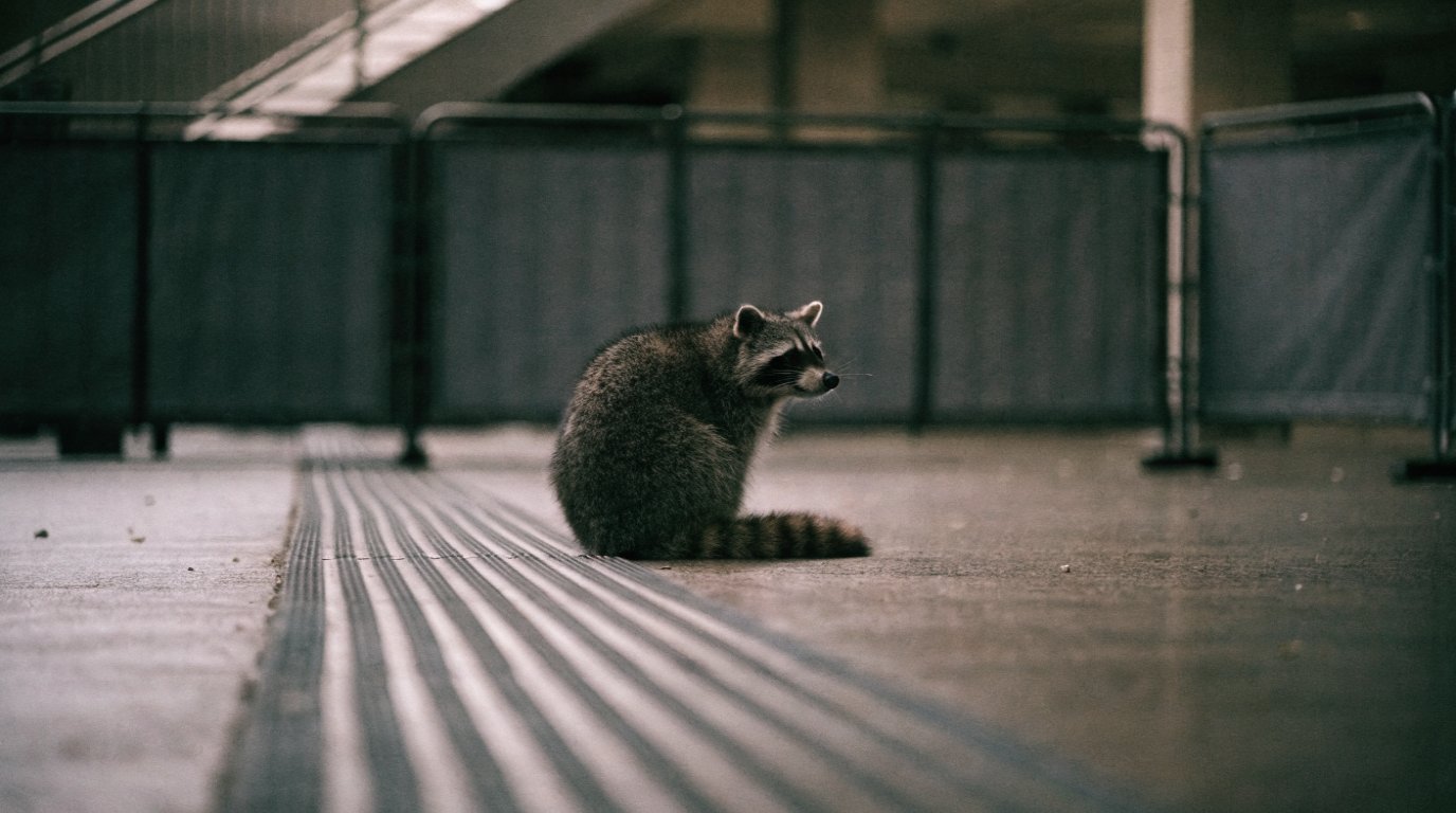 Chatbot Assistenzanfrage Satire: Waschbär sitzt vor einem Bauzaun am Bahnsteigende, wo die Bodenrillen aufhören