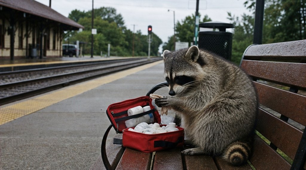Erste-Hilfe Satire: Waschbär sitzt auf einer Bahnsteigbank neben einem geöffneten roten Erste-Hilfe-Kasten