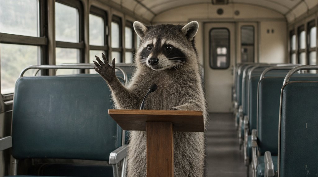 Fahrgastbeirat Satire: Waschbär steht an einem kleinen Rednerpult im Gang eines leeren Zugwagens