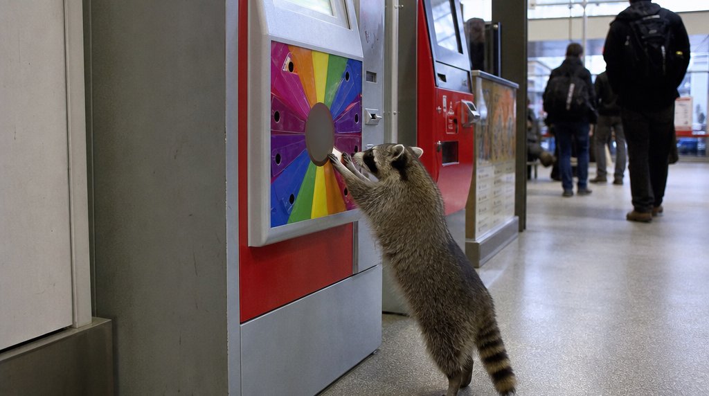 Fahrkarten-Lotterie Satire: Waschbär steht an einem Fahrkartenautomaten mit einem bunten Glücksrad
