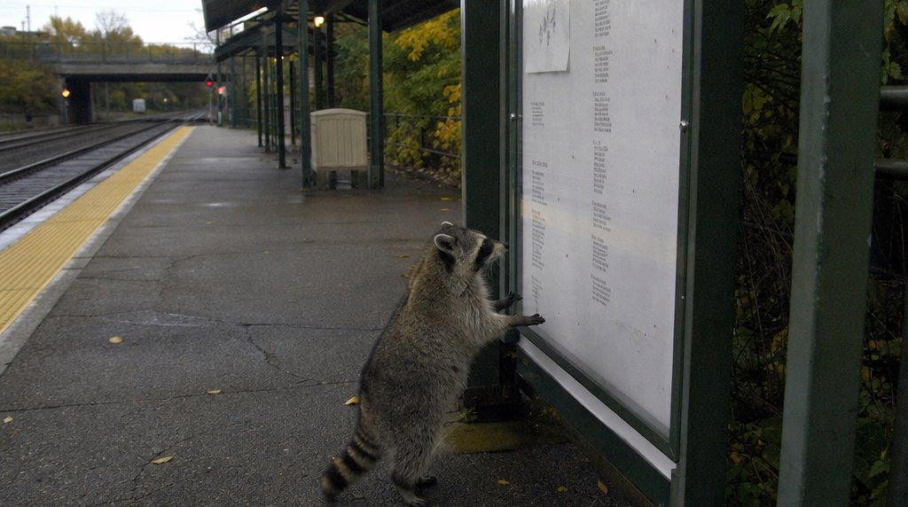 Fahrplan-Gedicht Satire: Waschbär auf dem Bahnsteig liest ein Plakat mit gedichtartig gesetztem Text im Schaukasten