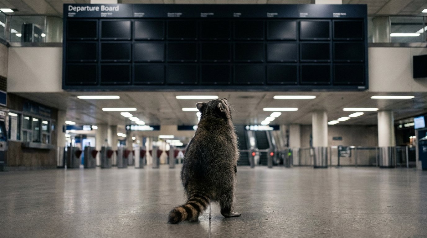 Fahrplanwechsel Satire: Waschbär steht vor einer großen Anzeigetafel in einer Bahnhofshalle