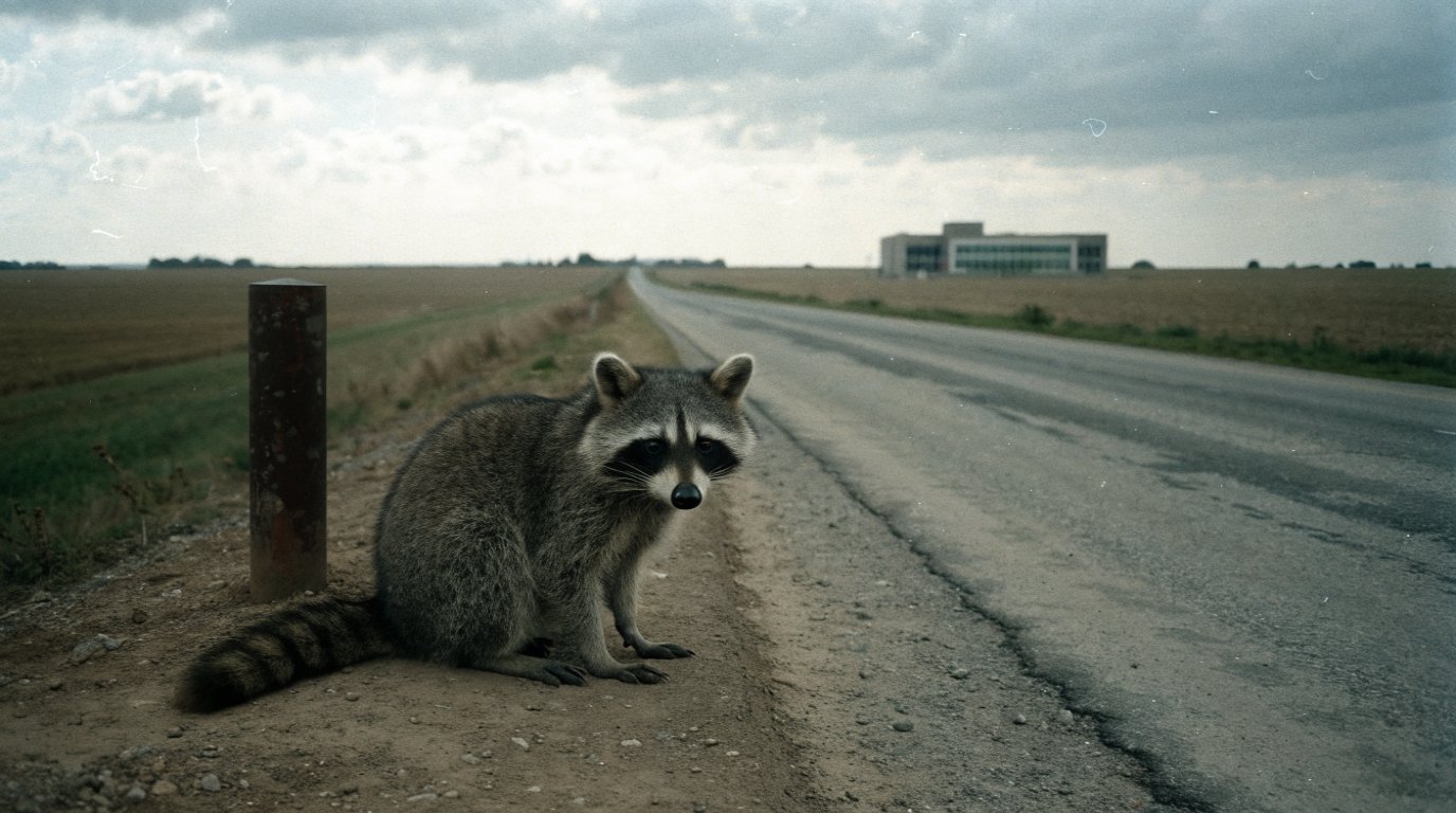 Erstattungsschwelle Satire: Waschbär sitzt am Rand einer leeren Landstraße neben einem Entfernungsstein, in der Ferne ein Klinikgebäude