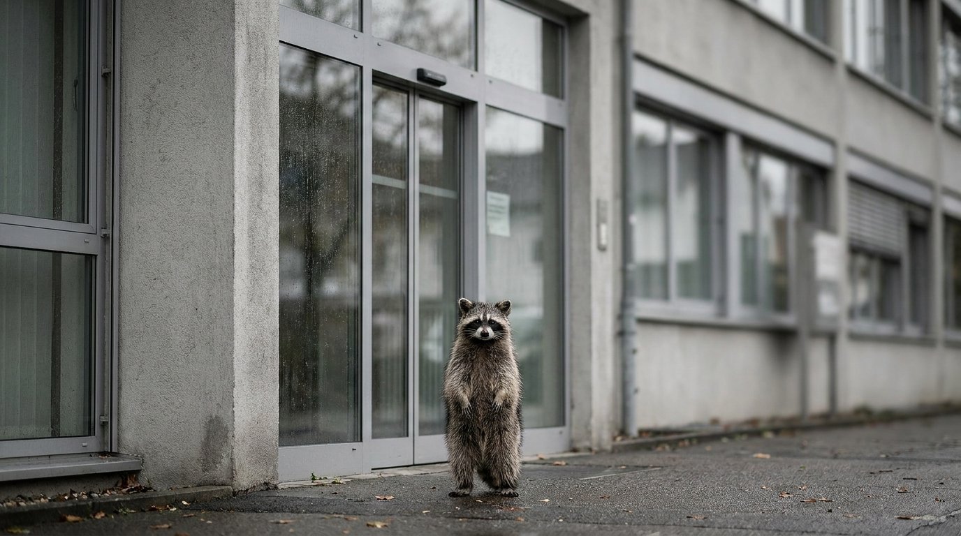 Genehmigung Satire: Waschbär steht vor einem Amtsgebäude mit geschlossener Glastür