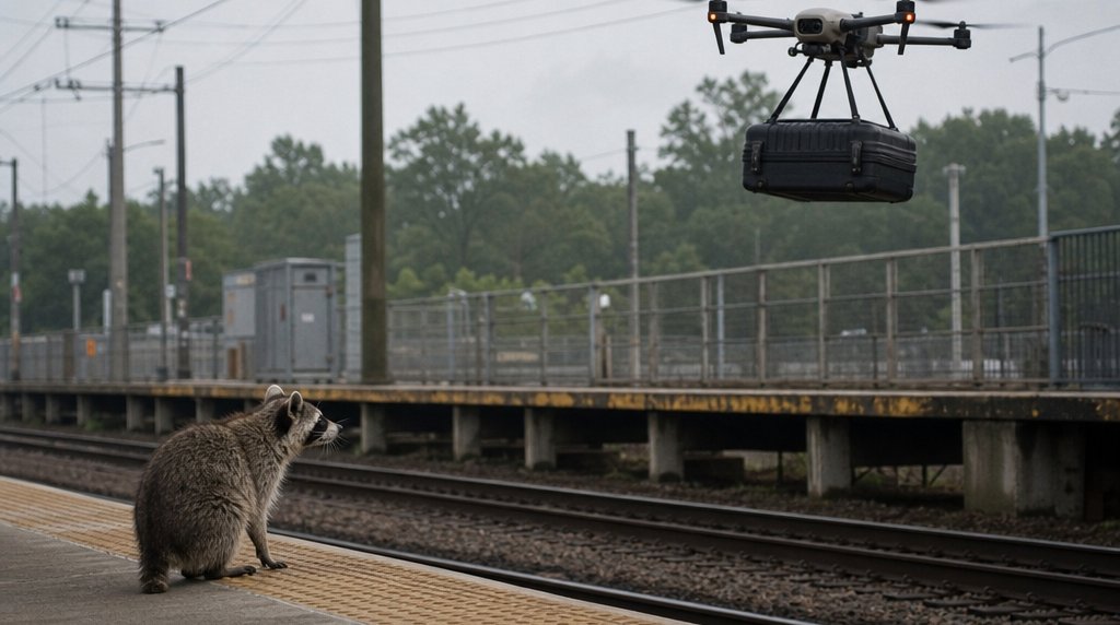Gepäckdrohne Satire: Waschbär auf dem Bahnsteig schaut einer kleinen Drohne nach, die einen Koffer über die Gleise trägt