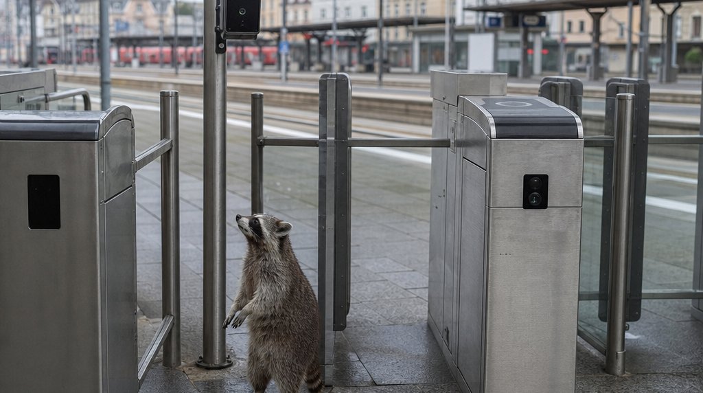 Gesichtserkennung Satire: Waschbär steht an der Bahnhofssperre und blickt hoch zu einer Überwachungskamera