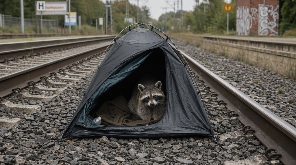 Gleisbett-Camping Satire: Waschbär sitzt in einem kleinen Zelt zwischen Bahngleisen auf dem Schotter